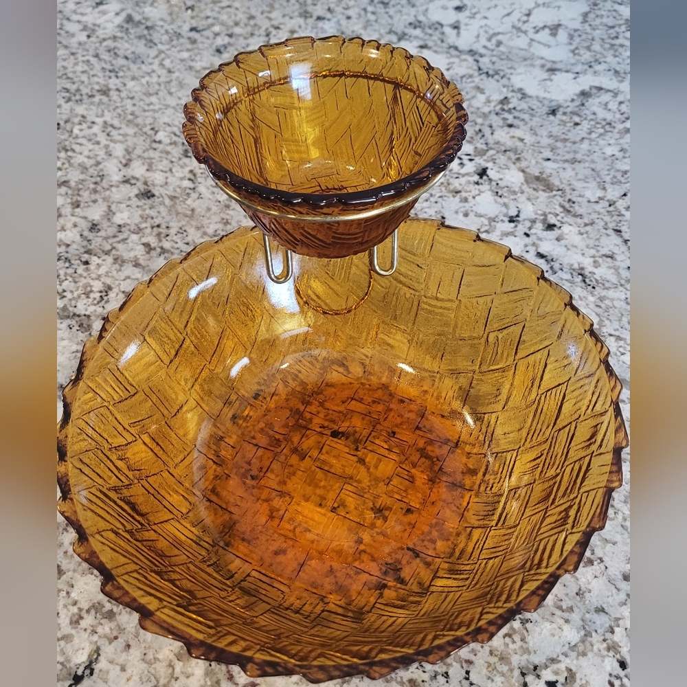Vintage Amber Glass Chip and Dip Serving Bowl Mid-Century Modern